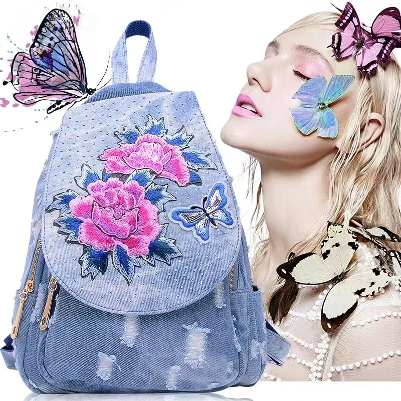 

XIU LI 2024 Denim School Backpack For Girl Embroidery Flower Design Women Backpack Shoulder Bag Female Rucksack Bagpack Mochila