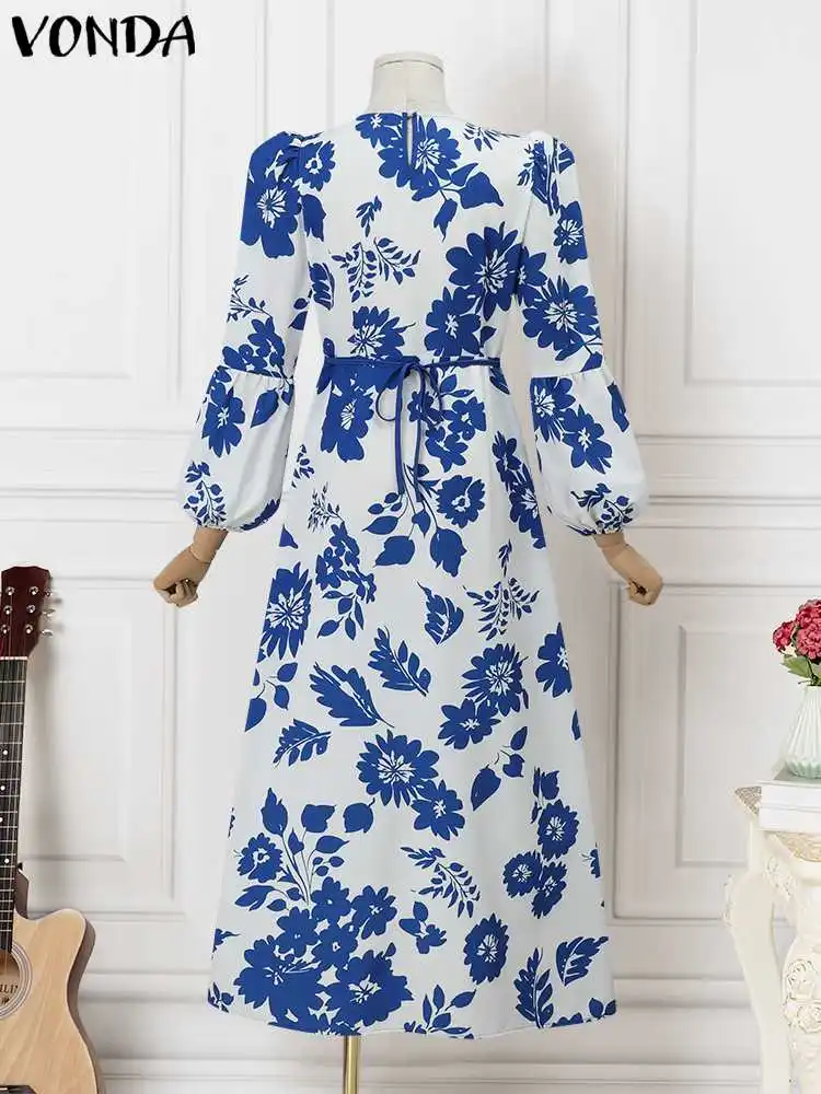 Plus Size 5XL VONDA Women Bohemian Floral Printed Maxi Dress 2024 Autumn Long Puff Sleeve Sundress Casual Lace Patchwork Vestido