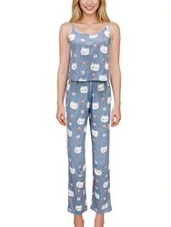 Allover Prints Cartoon Cat Women Pajamas Set Summmer Sleepwear Sleeveless Spaghetti Strap Top & Pants Grey Blue Cute Casual