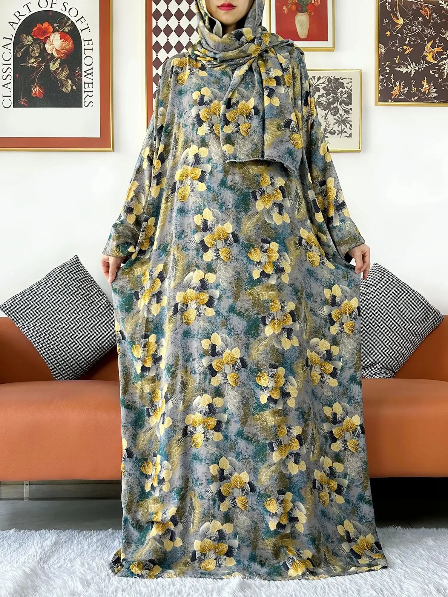 2024 Muslim Floral Cotton Lady Abaya Ramadan Prayer Garment Dubai Turkey Middle East Femme Robe Loose African Dress Turban Joint