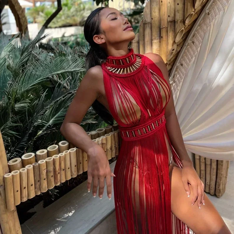 Ontwerp Sexy Kwastje Handgemaakt Griekse Godin Romeinse Dame Jurk Bohemia Roeping Strandfeest Eendelig Vestidos Dameskleding