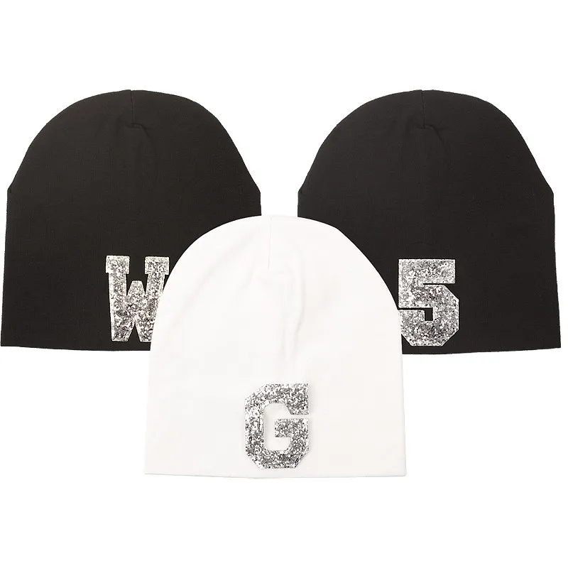 New Baby Silver Sequin Letters Hat Cotton Beanie Spring Autumn Toddler Hat Boys Girls Cap Winter Warm Solid Children Hat