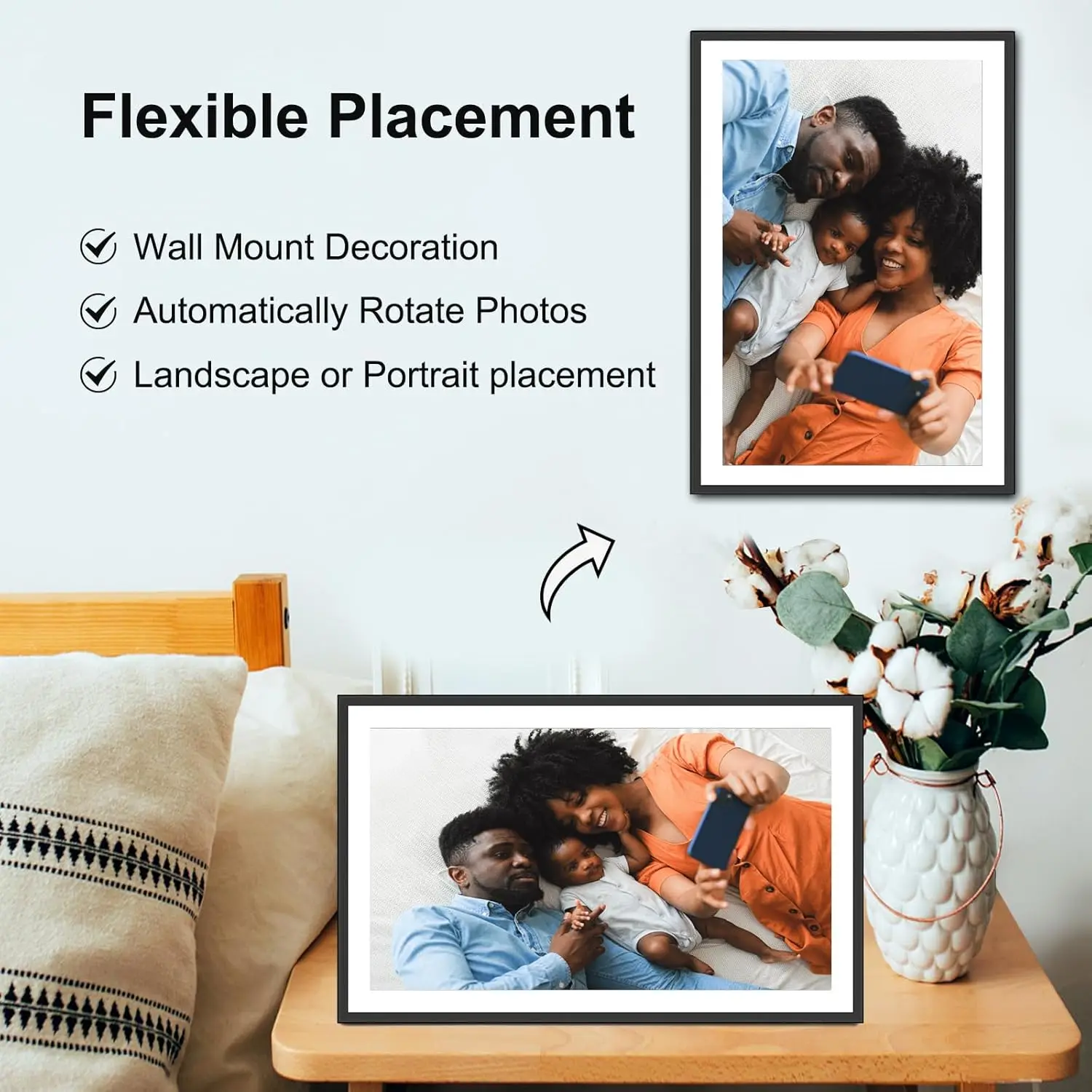 إطار صورة رقمي فاي 15.6 بوصة من Frameo 1920 * 1080 IPS HD شاشة تعمل باللمس 32 جيجابايت إطار صور ذكي للدوران التلقائي، جدار
