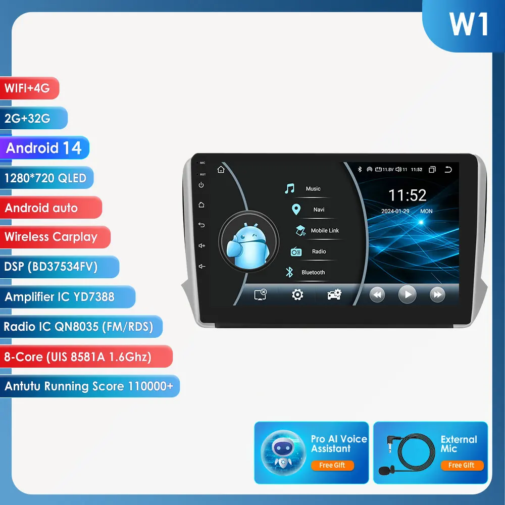 Hizpo Autoradio Carplay 4G 8581 AI Systemen Android Autoradio voor Peugeot 208 2008 Serie 2012-2018 multimedia Video Player Gps