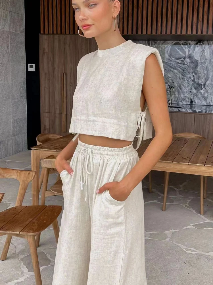 Women's Clothing Outfit Tie-up Vest Wide-leg Pants Cotton Suit  Two Piece Set Padded Shoulders Sleeveless Top Wide-leg Trousers