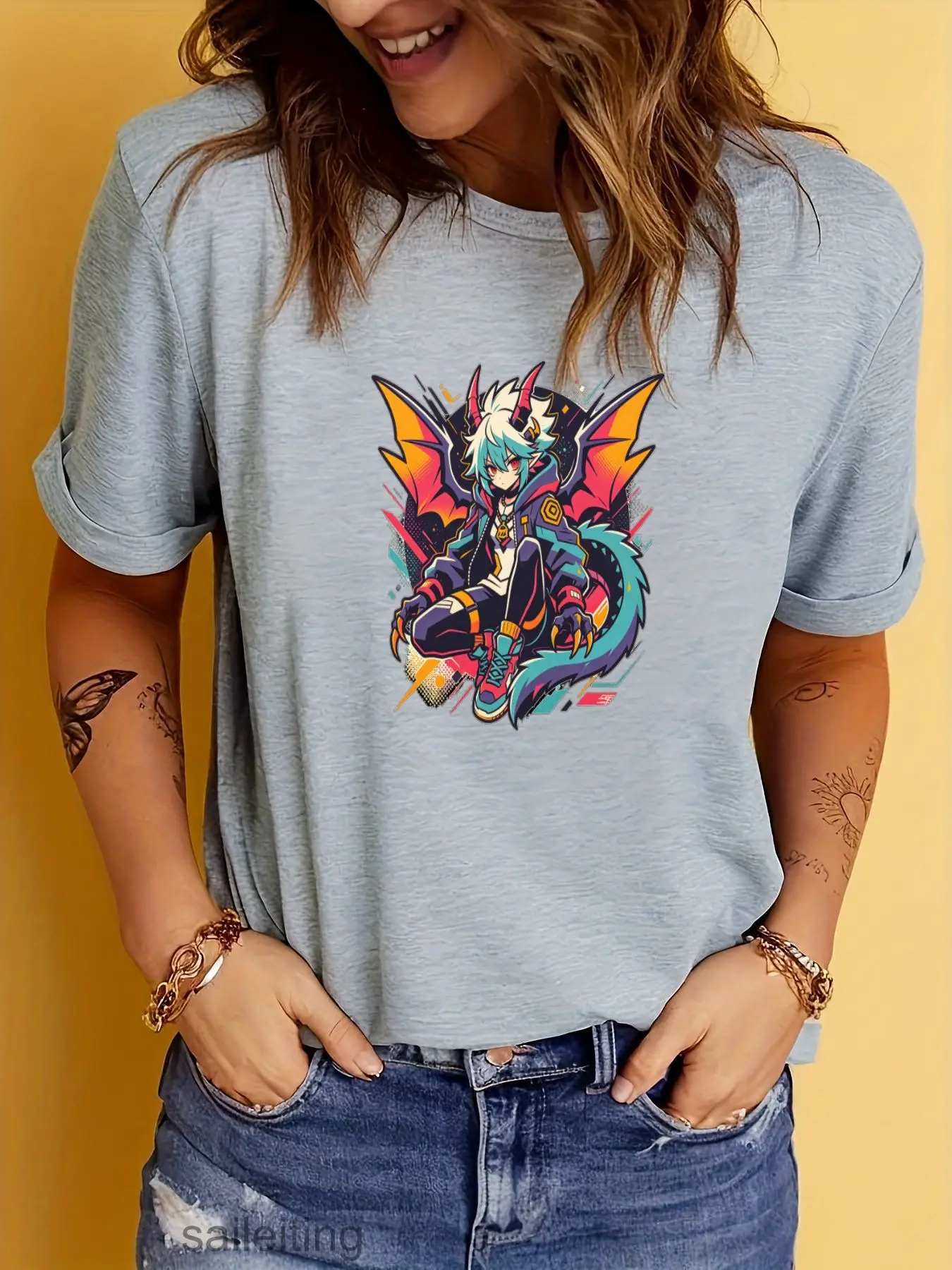 Anime Dragon Girl T-Shirt Women Men Short Sleeve Graphic Tee Vibrant Fantasy Art Print Casual Summer Top Fashion Streetwear G