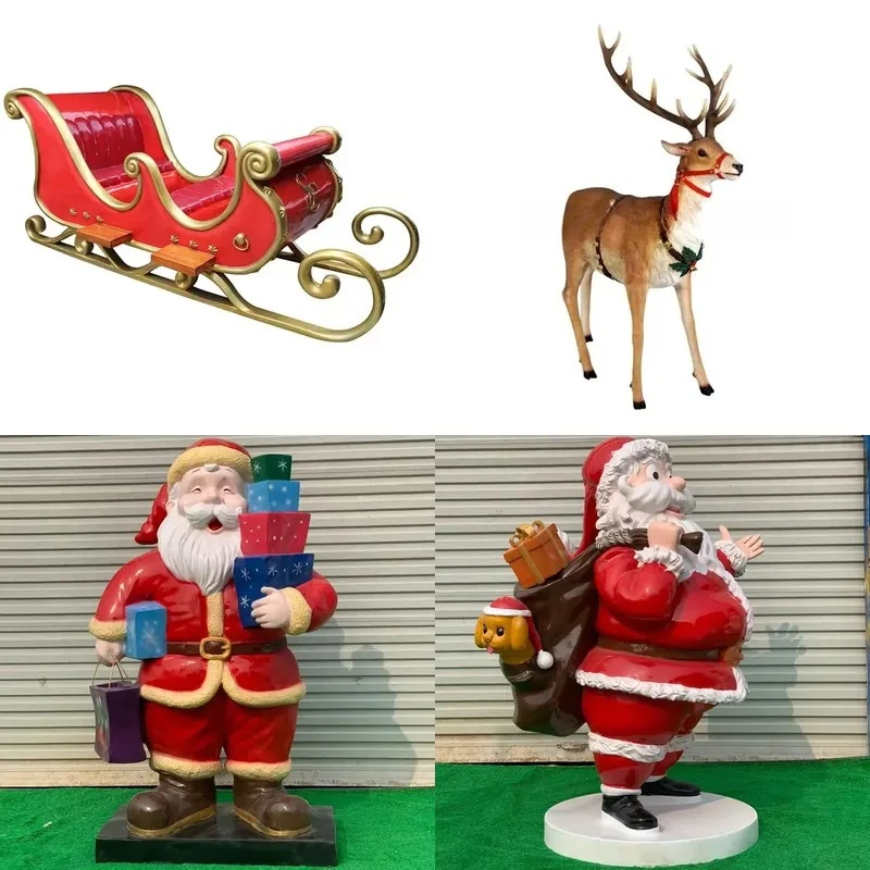 Outdoor Large Christmas Decoration Life Size Fiberglass Statue Sleigh Reindeer Custom Large Resin Sculpture