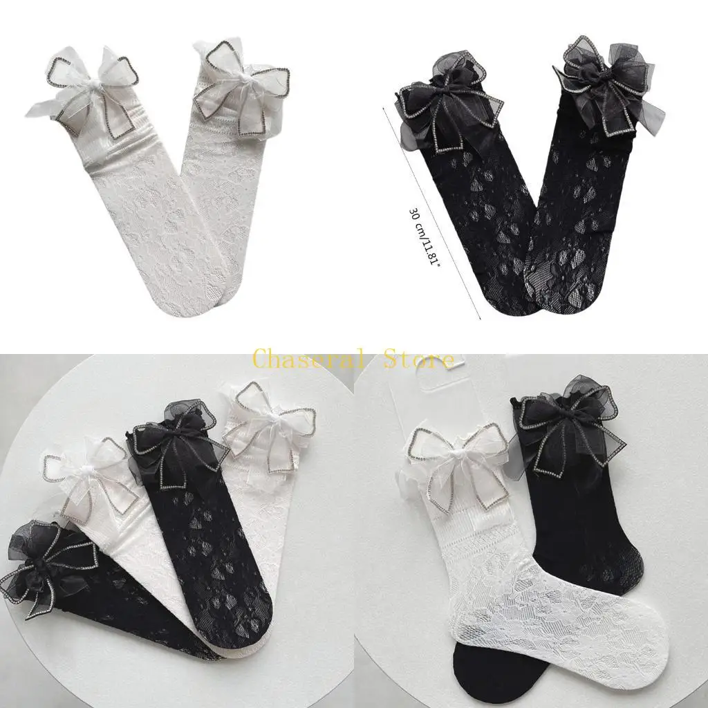 

E7CE Girls Soft Knee High Socks Nylon Socks Lovely & Lace Bow Socks Tube Socks High Stockings Little-Girl Daily- Wearing