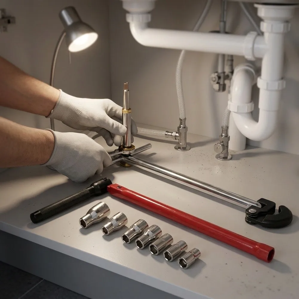 1pc Ergonomic Carbon Steel Faucet Wrench Tool Sink Socket Wrench Efficient For Home Plumbing System Easy To Use