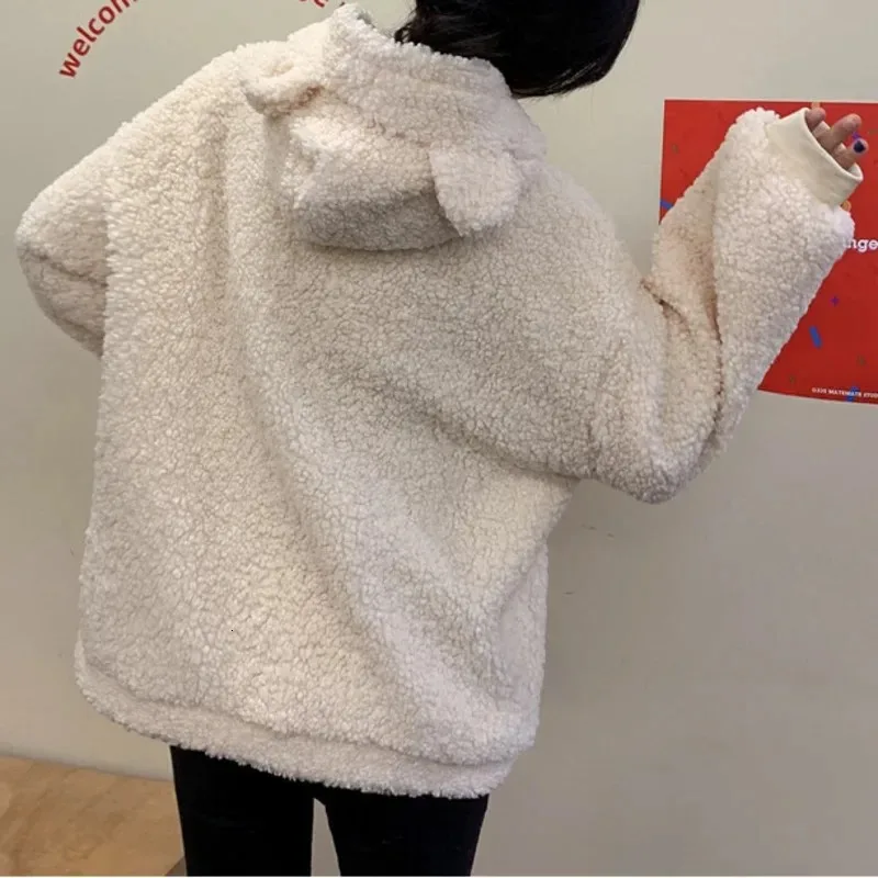 Autumn Winter Women Green Beige Zip-up Sweatshirt Kawaii Fleece Faux Fur Long Sleeve Hooded Teddy Bear Ears Soft Hoodies White