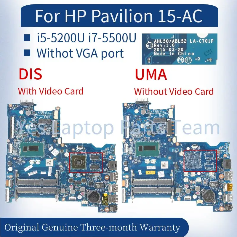 AHL50/ABL52 LA-C701P For HP Pavilion 15-AC Laptop Mainboard 839540-501 815245-501 816811-501 TPN-C125 Notebook Motherboard DDR3L