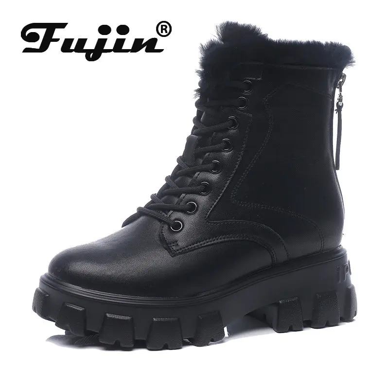 Fujin 7cm Genuine Leather Women Snow Boots Plush Warm Fur Causal Sneakers Ankle Booties Platform Thick Sole Lace Up Winter Shoes