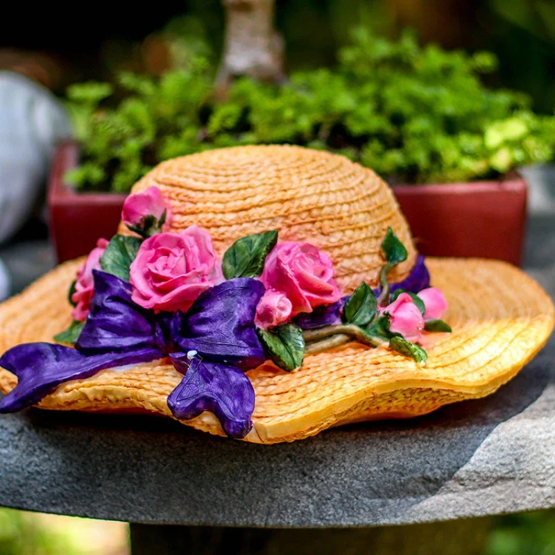 Garden Straw Hat Flower Pot Wall Mounted Decorative Pendant Creative Resin Courtyard Landscaping Rural Balcony Hanging Decor