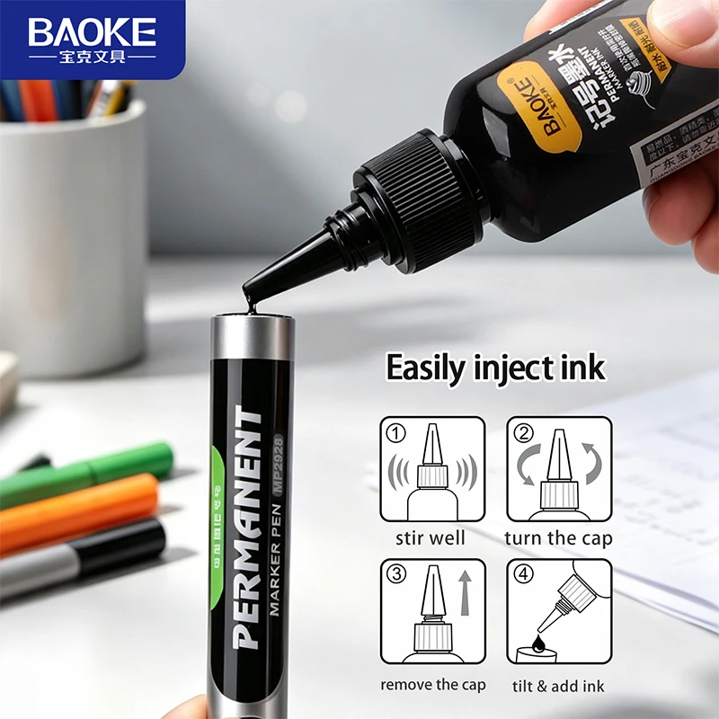 BAOKE Oil‑Based Permanent Marker Ink Refill, Black Red Blue 3 Colors, 50ml/100ml/300ml/500ml for Office Stationery Supplies