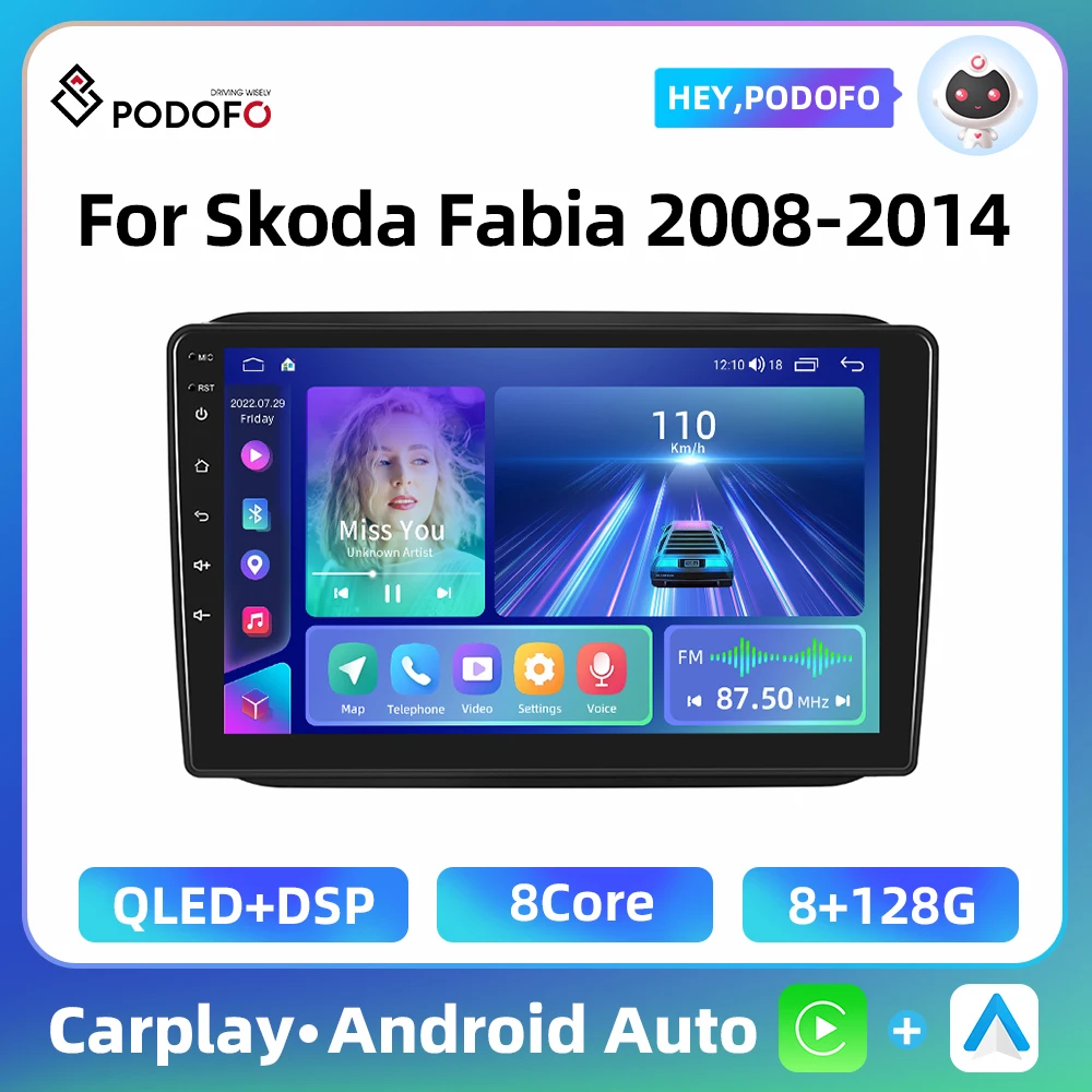 Podofo 2Din 8Core Car Radio For Skoda Fabia 2008-2014 10.1'' Multimedia Player GPS Navgation Carplay Android Auto WIFI Autoradio