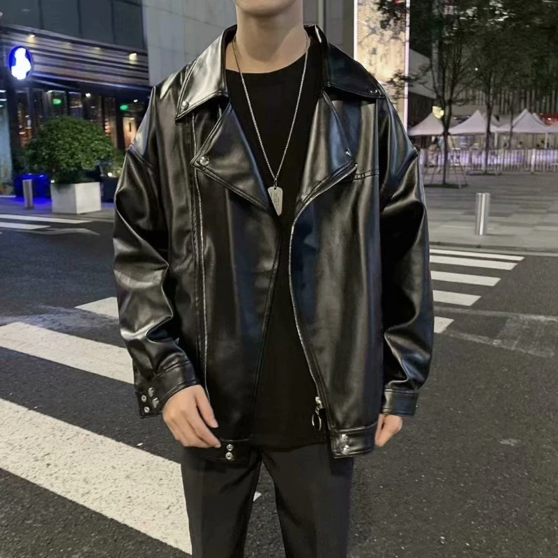 

Men's Simple and Stylish Leather Jacket Autumn Winter Harajuku Hong Kong Style Casual Outerwear Trendy Inspired Windbreaker