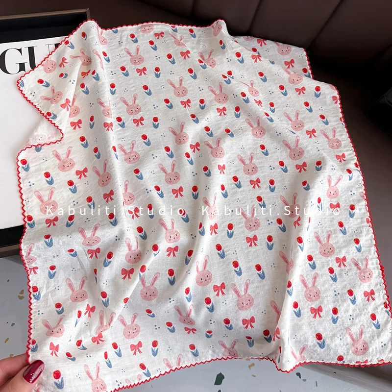 Cotton Linen Square Scarf  58 Cm Floral Print High Quality Soft Lightweight Neck Protection Versatile Daily Use As Hair Band view 3