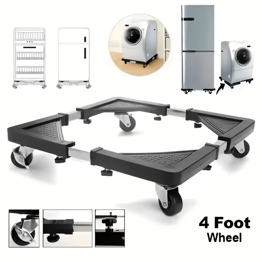 Stainless Steel Appliance Dolly Cart With 4 Locking Wheels - Adjustable Mobile Roller Base For Refrigerators, Washing Machines & Dryers - Space-Saving Kitchen Storage Rack, Icebox, Movable Base
