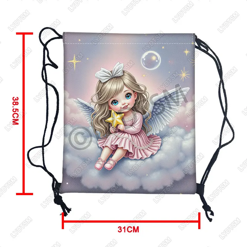 Kawaii Little Angel Prayer Pattern Backpack for Travel  Baby Angel with Wings Drawstring Bag Bookbag Shoes Holder