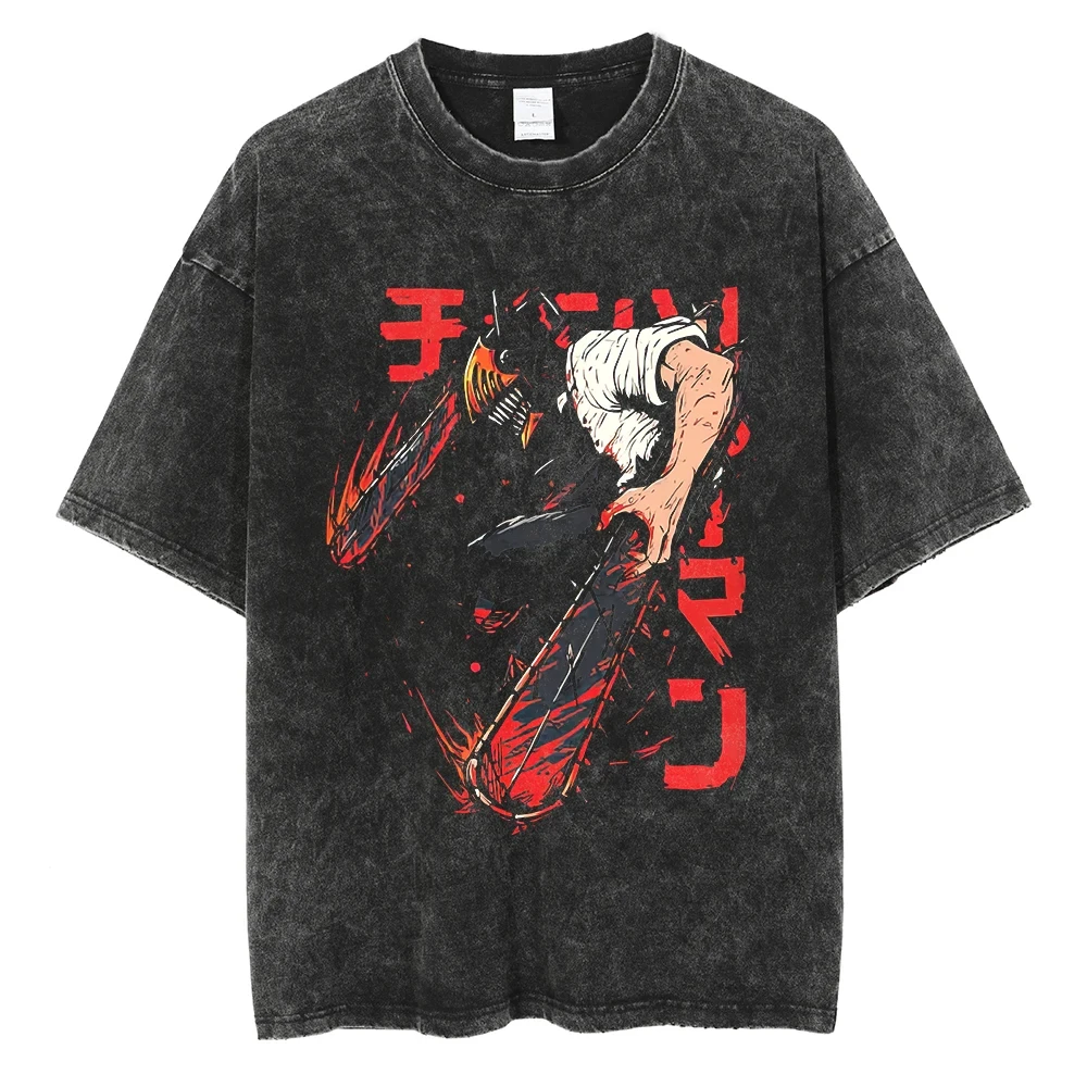 Chainsaw Man Denji White Metal Graphic T Shirt 2026 Summer Washed Black Unisex Loose Fit Short Sleeve Streetwear Anime Tee view 4