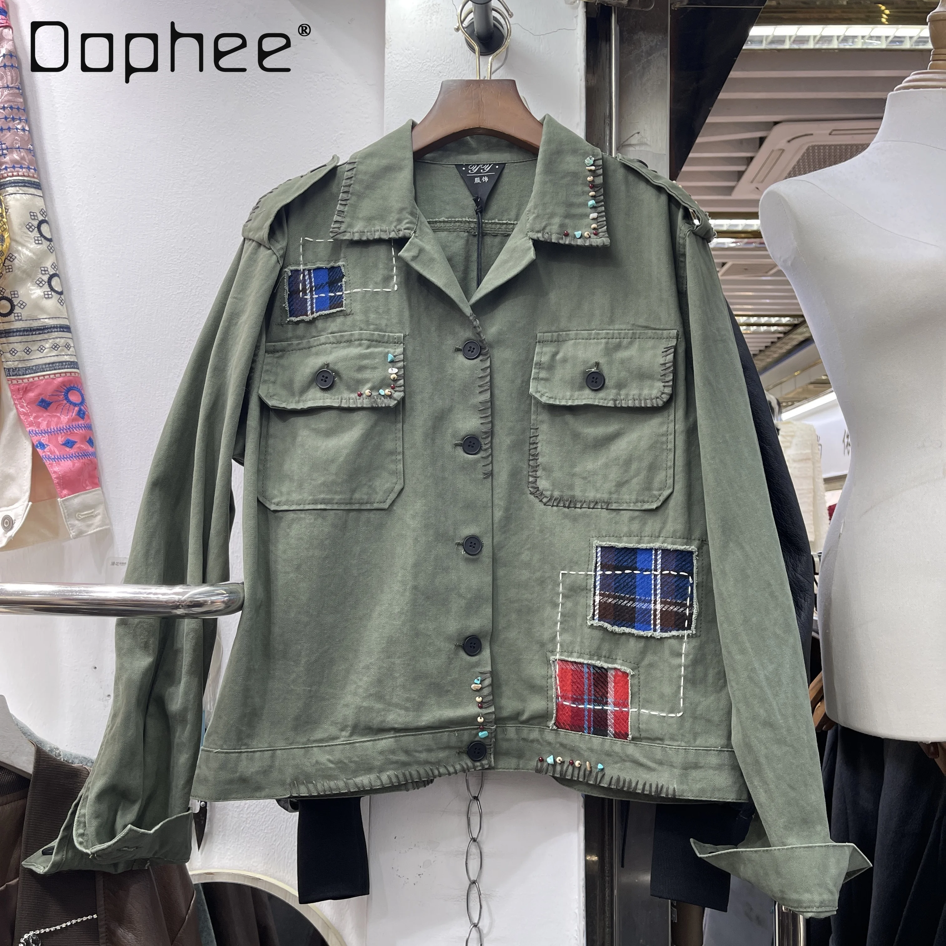 

Heavy Craft Custom Multi-color Beaded Patchwork Regular Loose Green Coat for Women Early Autumn Casual Top Coat Women