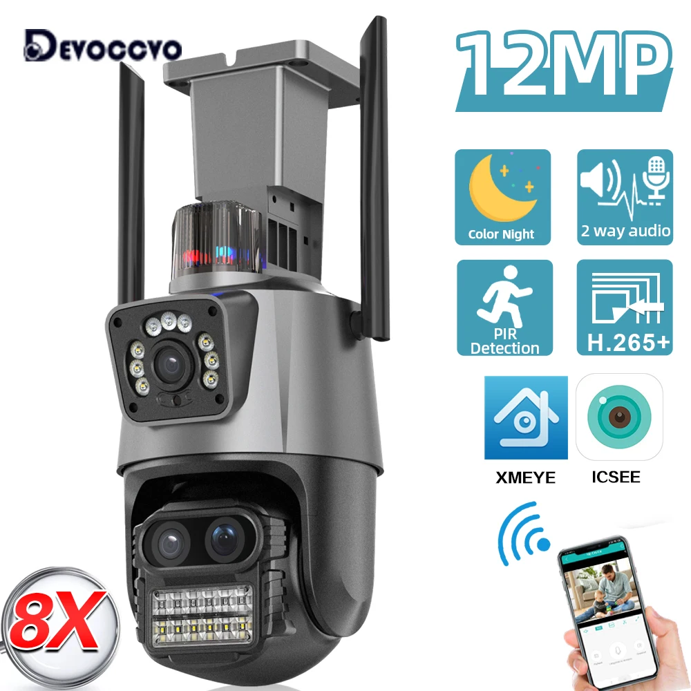 12MP 4K WiFi IP Camera Outdoor Waterproof Dual Lens Dual Screen 8X Zoom Auto Tracking Wireless PTZ Security Surveillance Camera