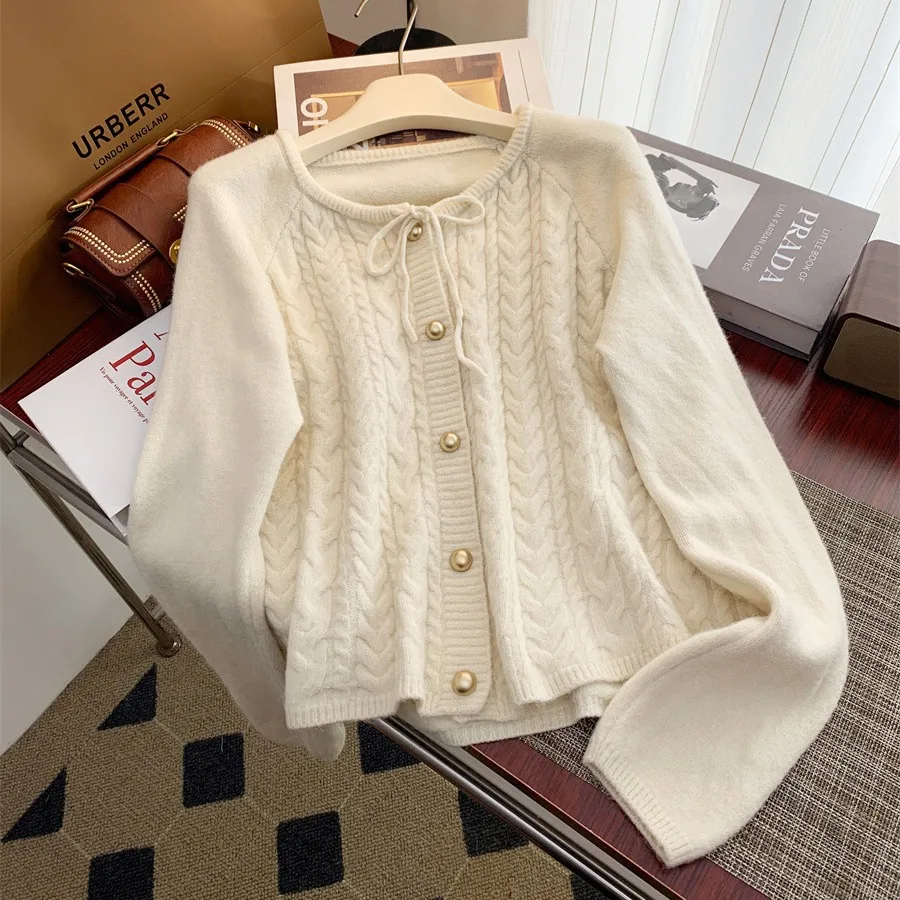 Lace Up Bow O-neck Sweater Women\'s Korean Style Spring Autumn New Long Sleeved Loose Knit Cardigan Top Single Breasted Jacket