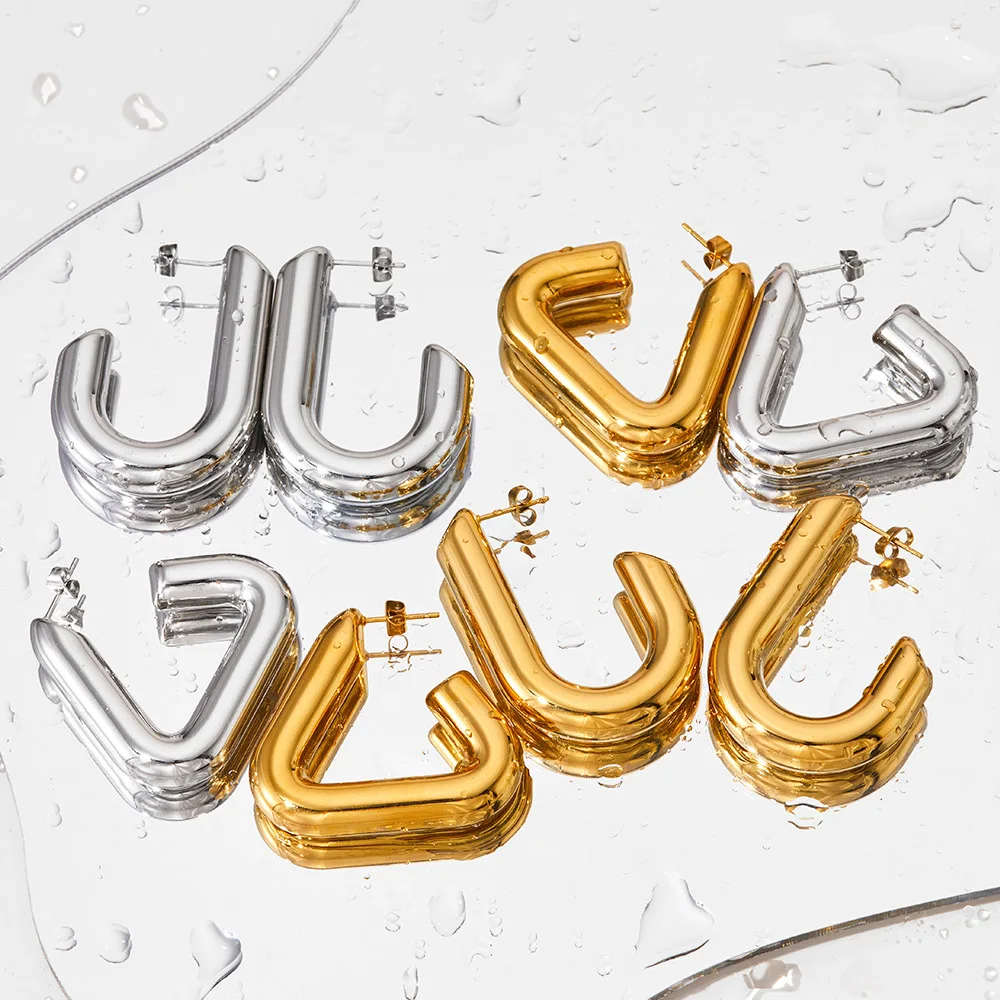 Chunky Stud Earrings Non Tarnish Geometric Jewelry Gold Plated Stainless Steel Hollow Triangle J Shapes Hoop Earrings Women view 6