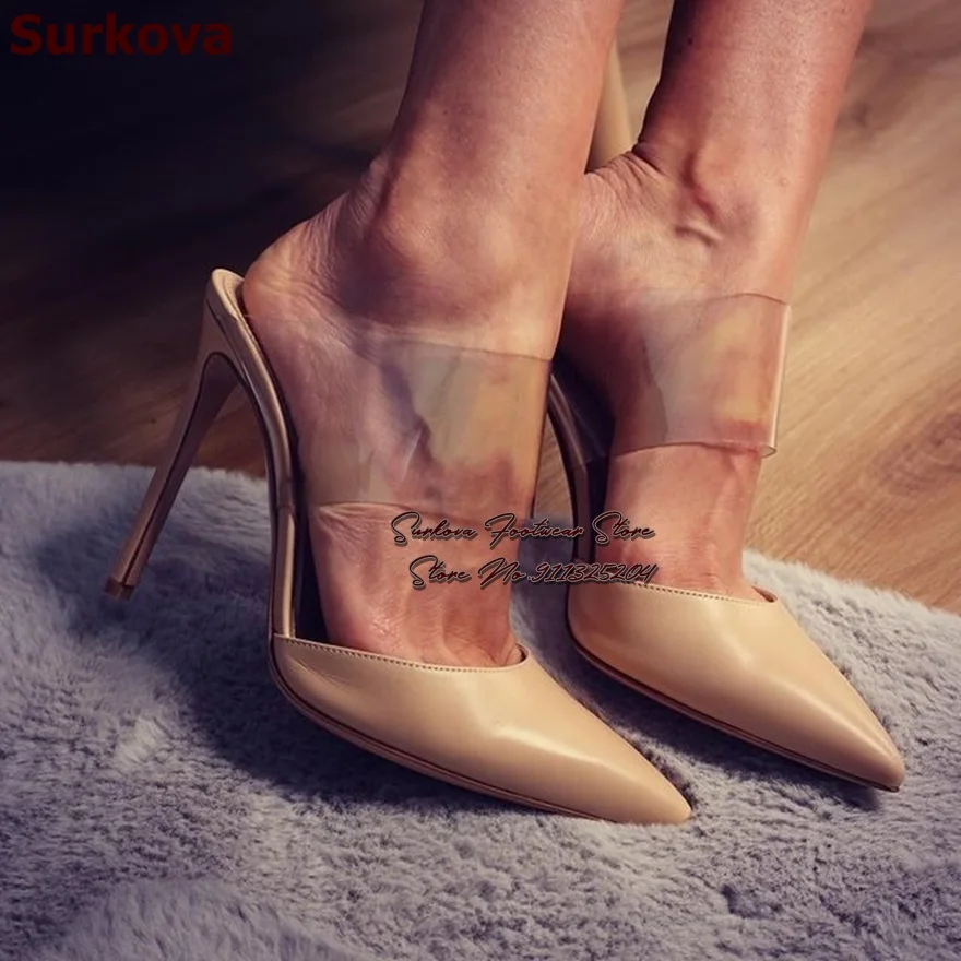 Surkova Nude Matte Leather Pointed Toe Slip-On Modern Slippers Stiletto Heel Transparent PVC Strap Patchwork Shallow Pumps