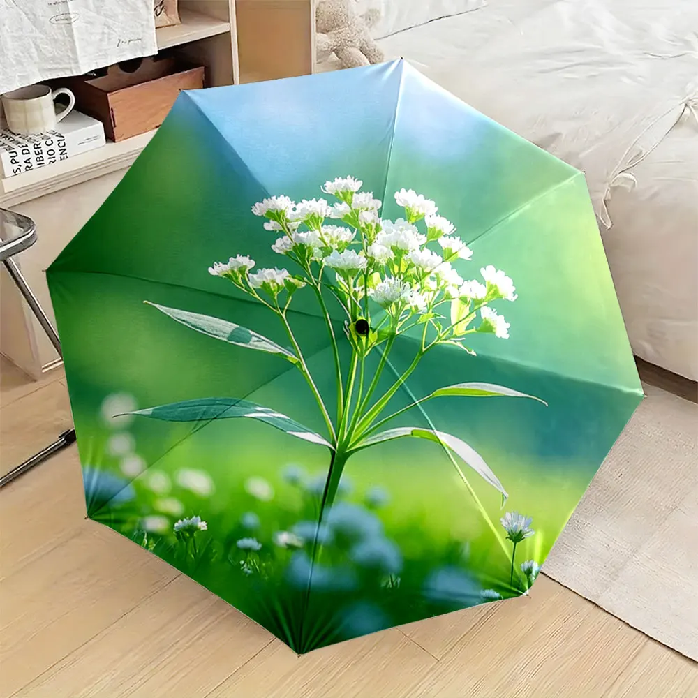 1PC Nature-Inspired Umbrella with White Flower Design Print 8 Iron Ribs Folding Umbrella Auto-Open Fashion Sunshade