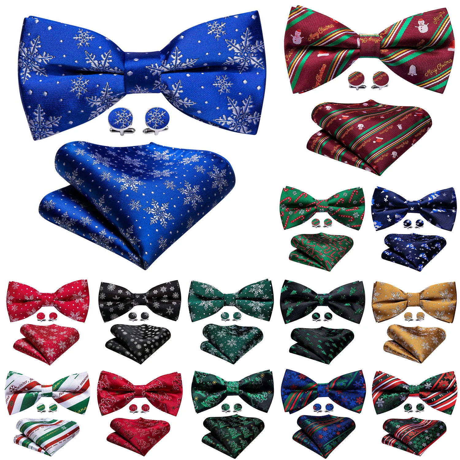 

Barry.Wang Silk Mens Christmas Bow Tie Hanky Cufflinks Set Pre-Tied Bowtie Xmas Santa Festival Green Red Blue Gold Yellow Gift