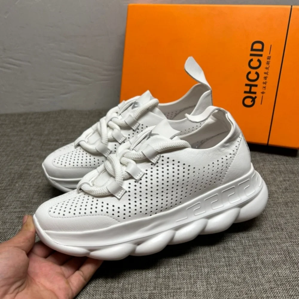 

New style men's leather white sneakers, thick-soled, hollowed-out, breathable, fashionable, "A-Game" shoes, men's loafers