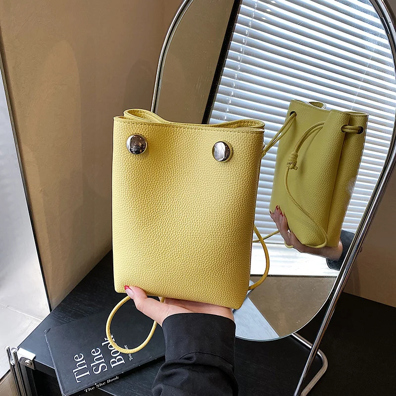 

Simple Brand Solid Color Shoulder Bag Luxury Bucket Small Square Bag Fashion Silver Button Korea Versatile Leather Crossbody Bag