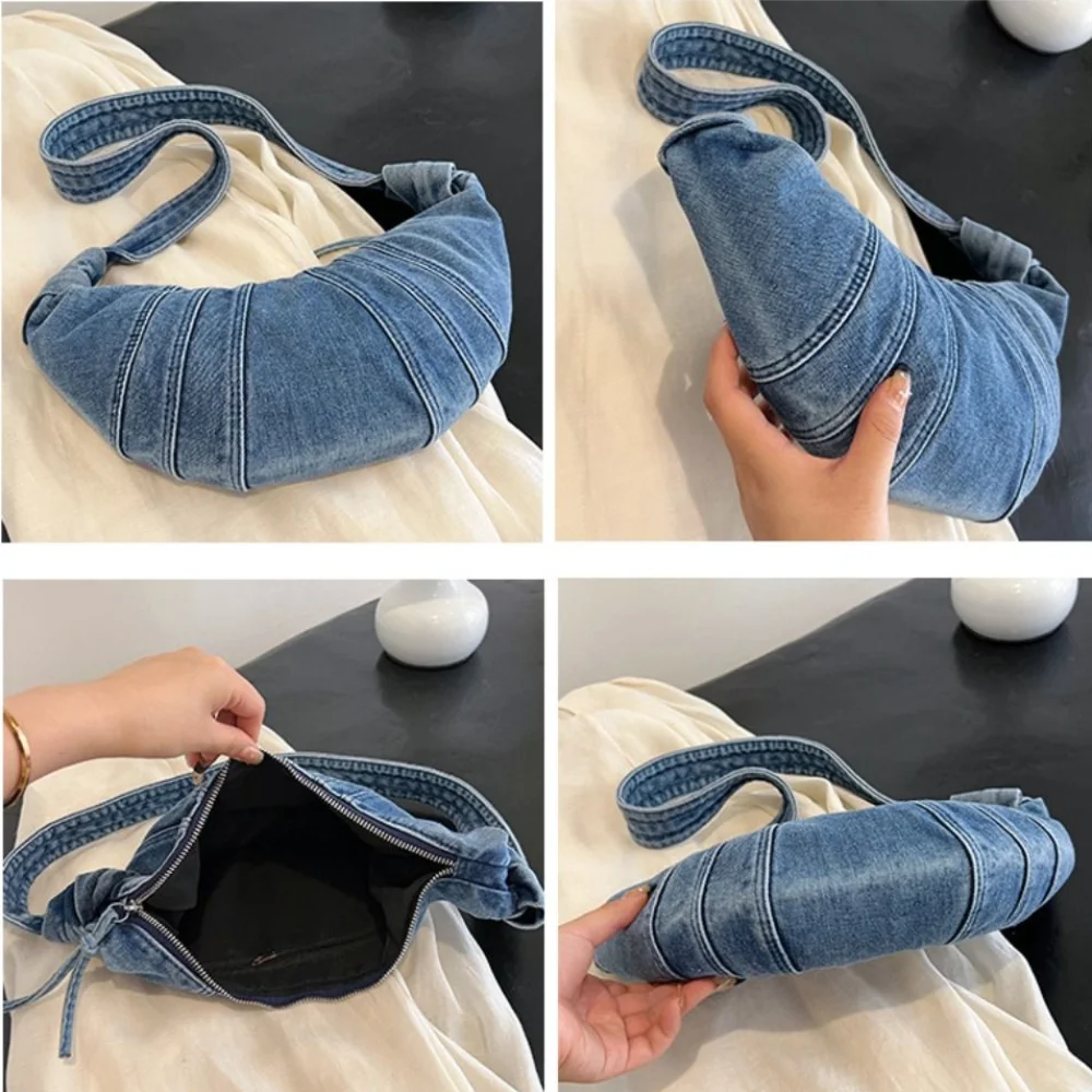 المحمولة خمر الكرواسون حقيبة كروسبودي سعة كبيرة بلون الدنيم حقيبة قماش قنب حقيبة يد عادية الجينز حقيبة قماش قنب في الهواء الطلق #4