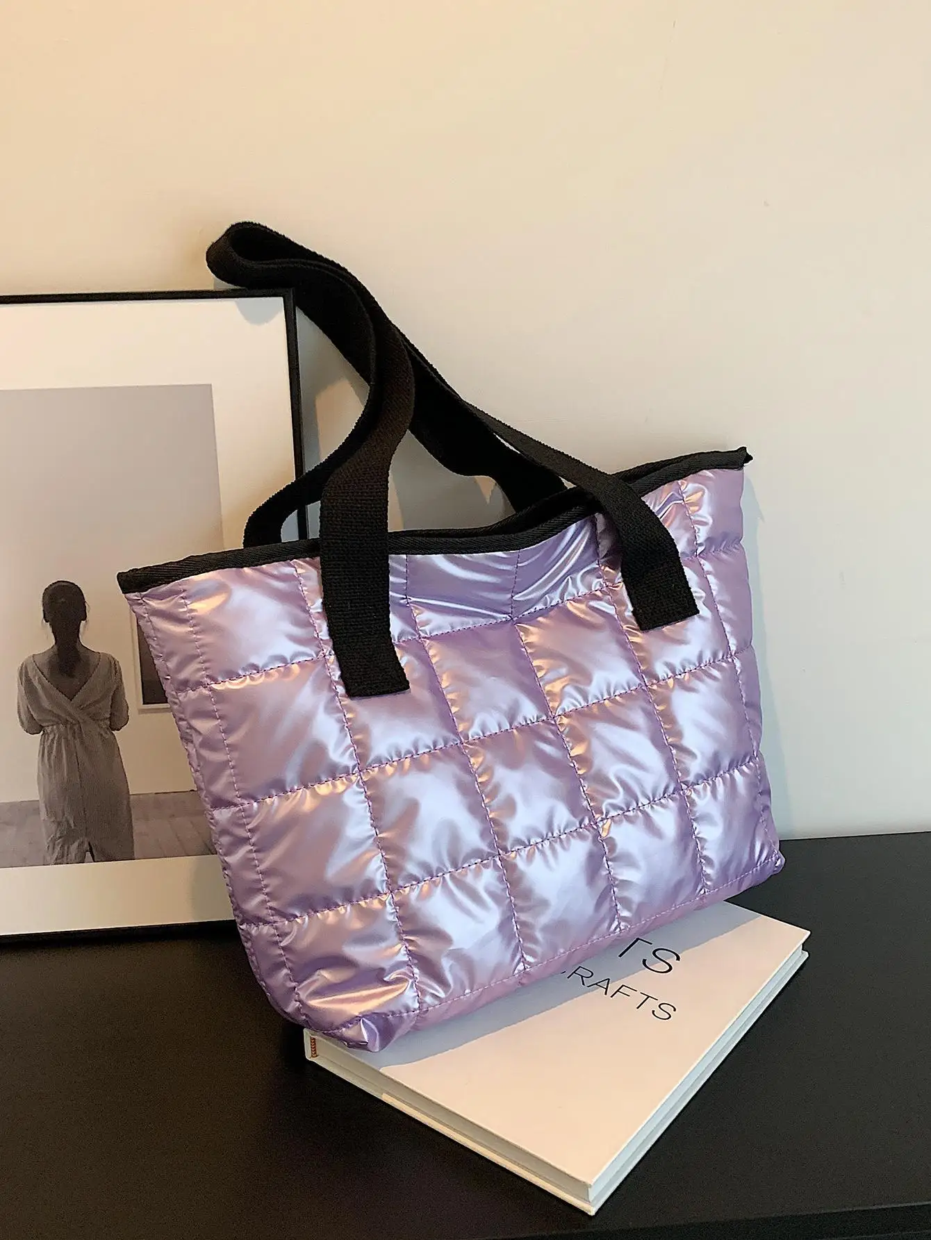 

Metallic Luster Futuristic Style Stitching Contrast Edge Tote Bag, Funky, Punk & Bag For Street Wear