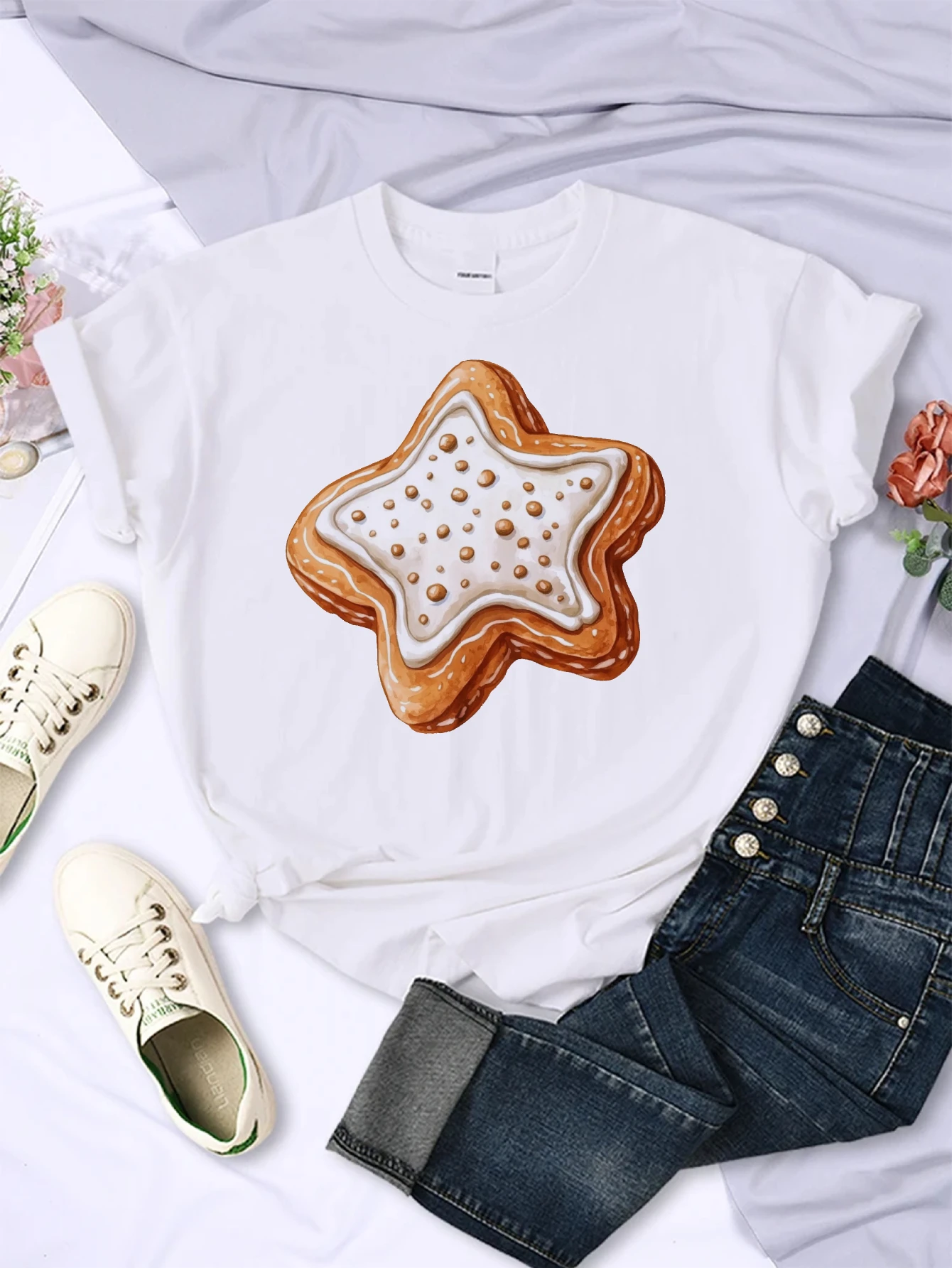 

Christmas Candy Canes Sweets Christmas Printed Round Neck T-shirt for Unisex Comfortable Loose Fit Multi-Colored