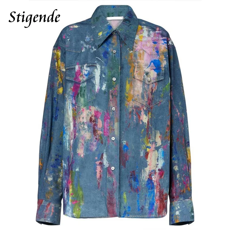 

Stigende Женская рубашка с длинным рукавом и принтом граффити Рубашка с воротником на пуговицах и лацканами