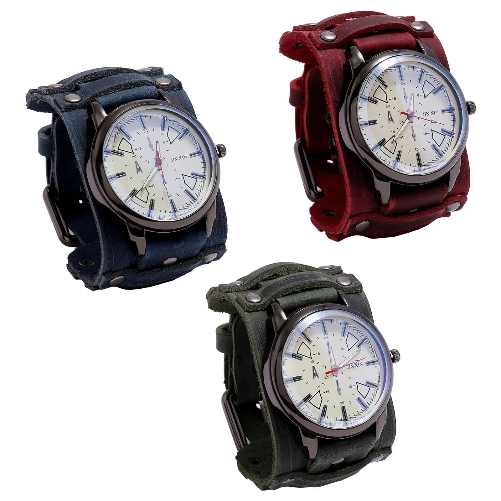 Retro Men Bracelet Watch Cowhide Leather Strap Wide Band Wristwatch Vintage Style Casual Accessory