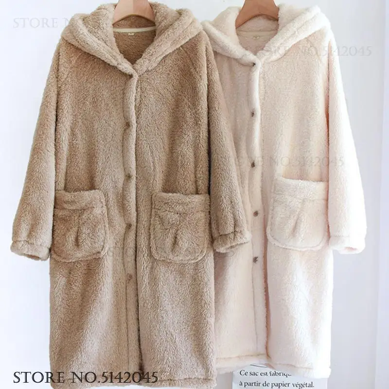 

Thicken Coral Fleece Long Robe Nightgown Autumn Winter New Sleepwear Hooded Bathrobe Nightdress Loose Casual Flannel Lounge Wear