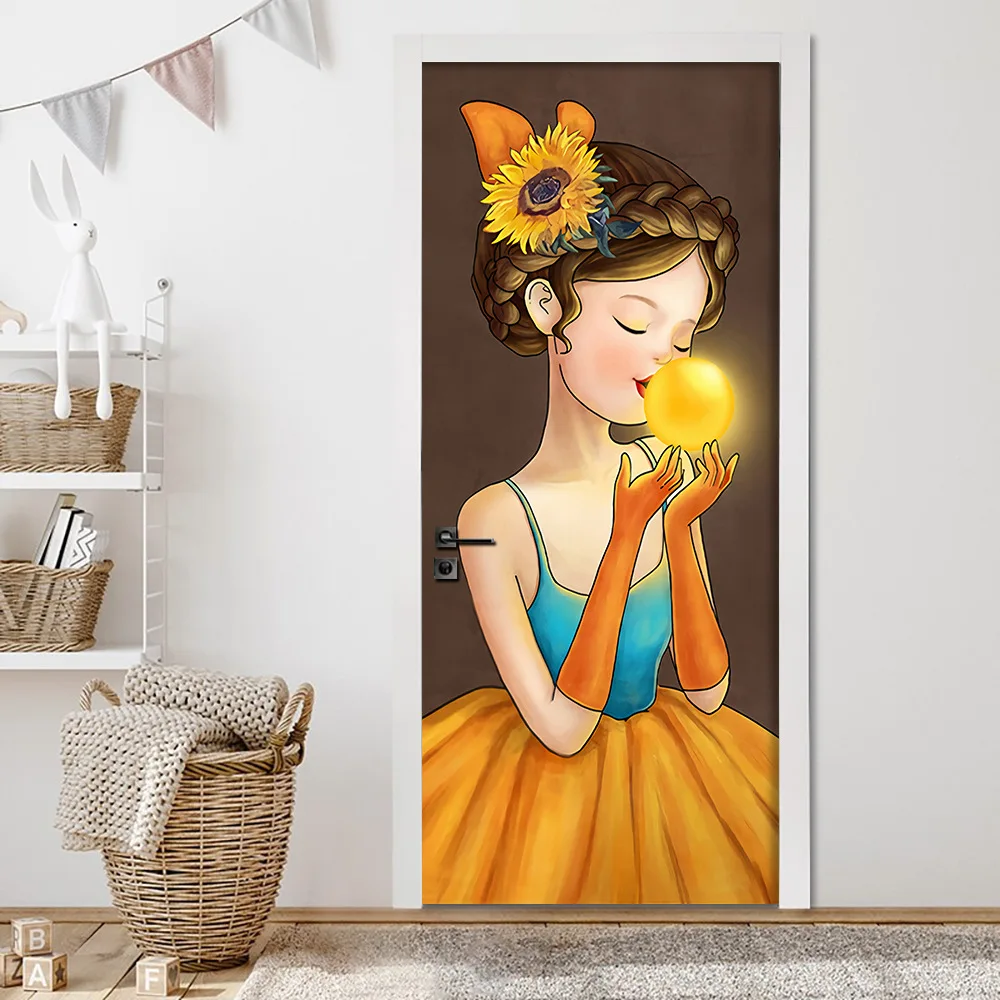 Light Luxury Style Cartoon Girl Door Stickers for Living Room Bedroom Elevator Cabinet Door Cover Removable Decorative Stickers