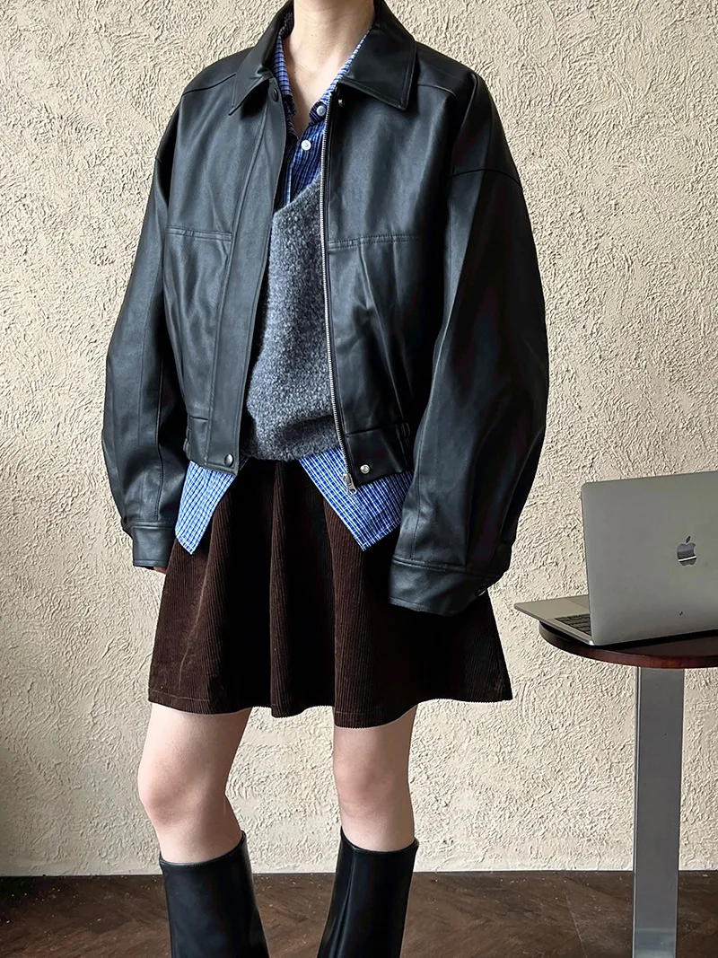 Outono novo casual preto manga longa casaco solto motocicleta jaqueta de couro feminino