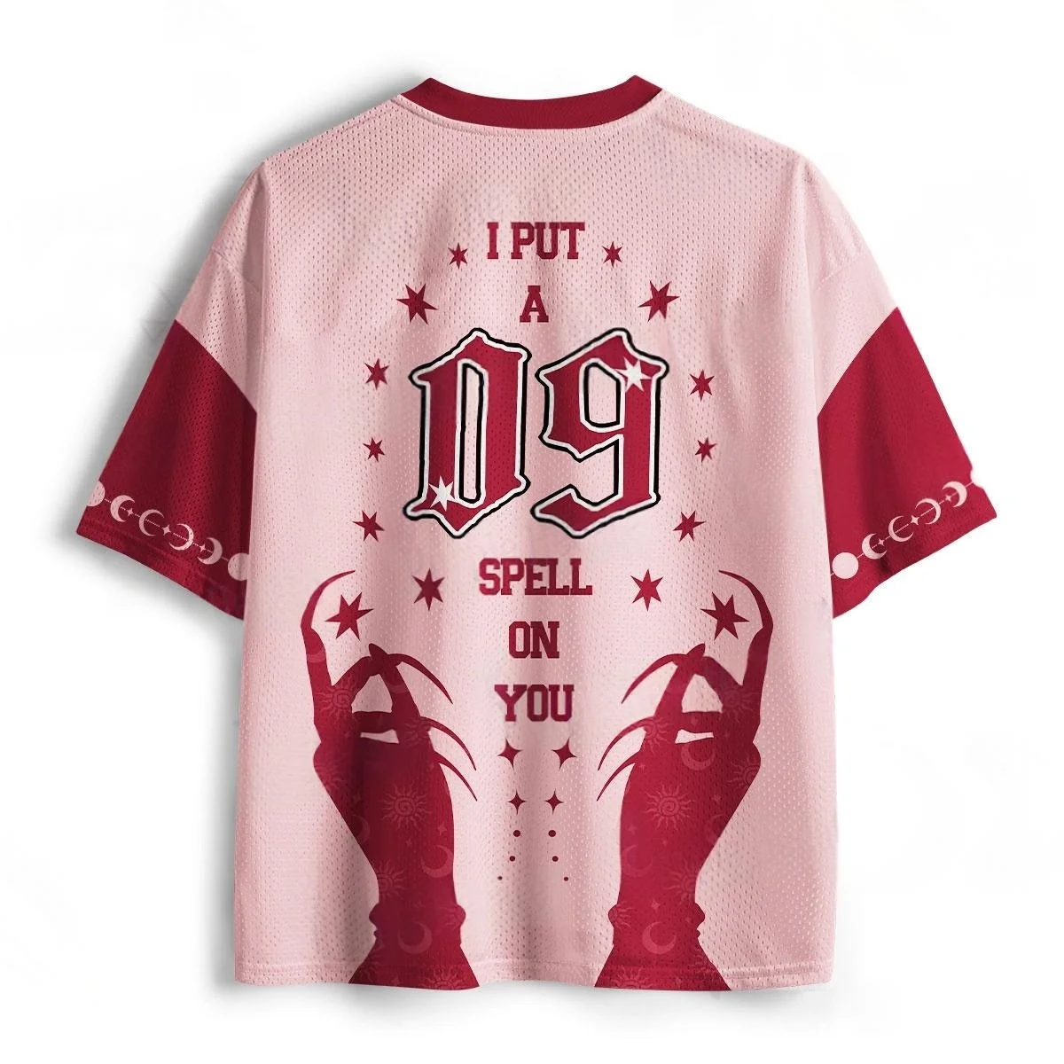 09 Number I Put A Spell On You Football Jersey Witch Hand Moon Star Print V Neck Pink Red Halloween Gothic Sports Tee