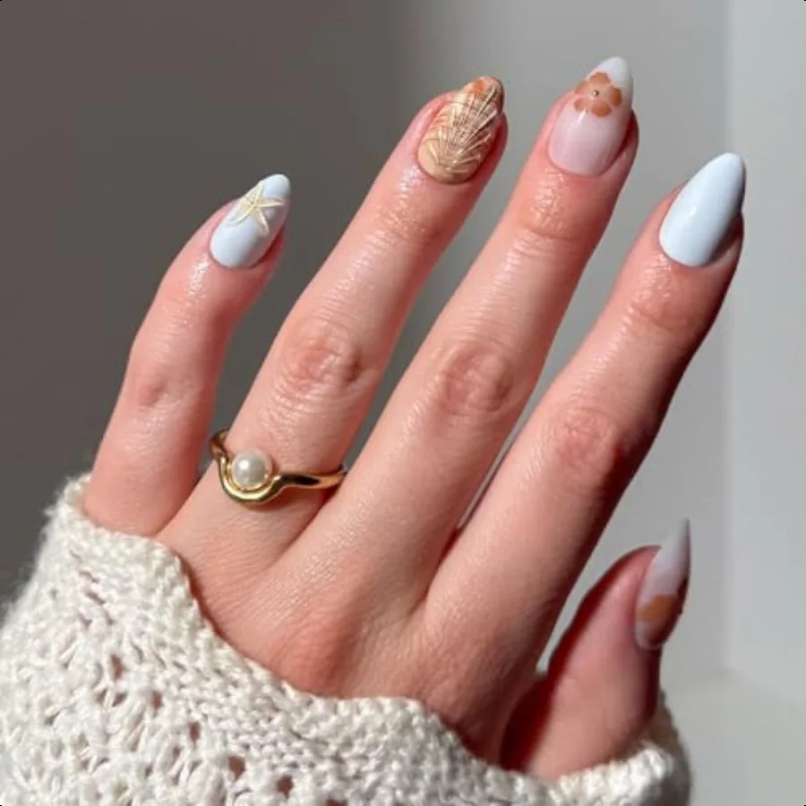 

Pr On Nails Sea Star Short Almond Seashell Nails with 3D Nail Art Reusable Summer Nails 15 Sizes 30 Nail Kit with Glue