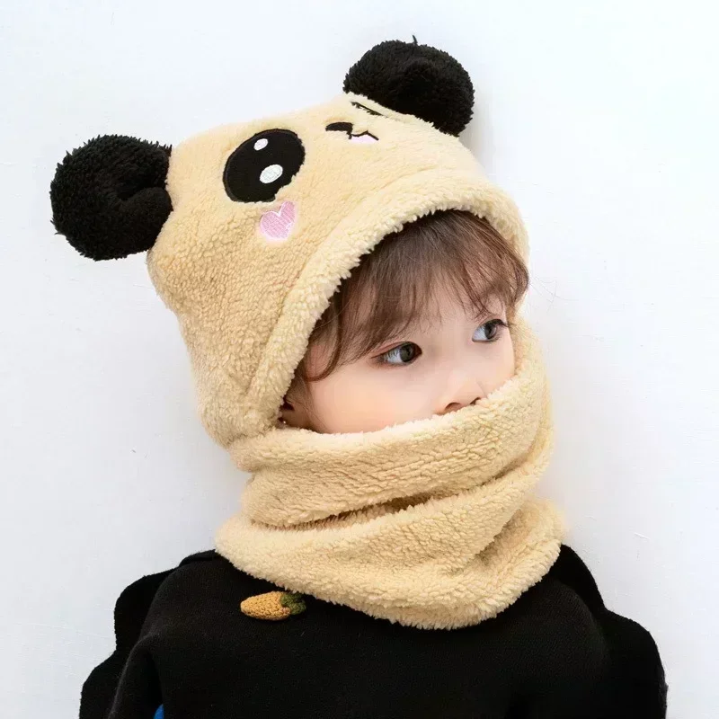 Cartoon Hat for Girls Boys Scarf Thicken for Kids Newborn Baby Stuff Children Double Fur Warm Fleece Kids Caps Streetwear