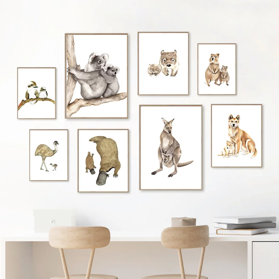 Watercolor Animals Poster Koala Bird Kangaroo Platypus Nursery Wall Art Print Canvas Painting Wall Pictures Baby Kids Room Decor