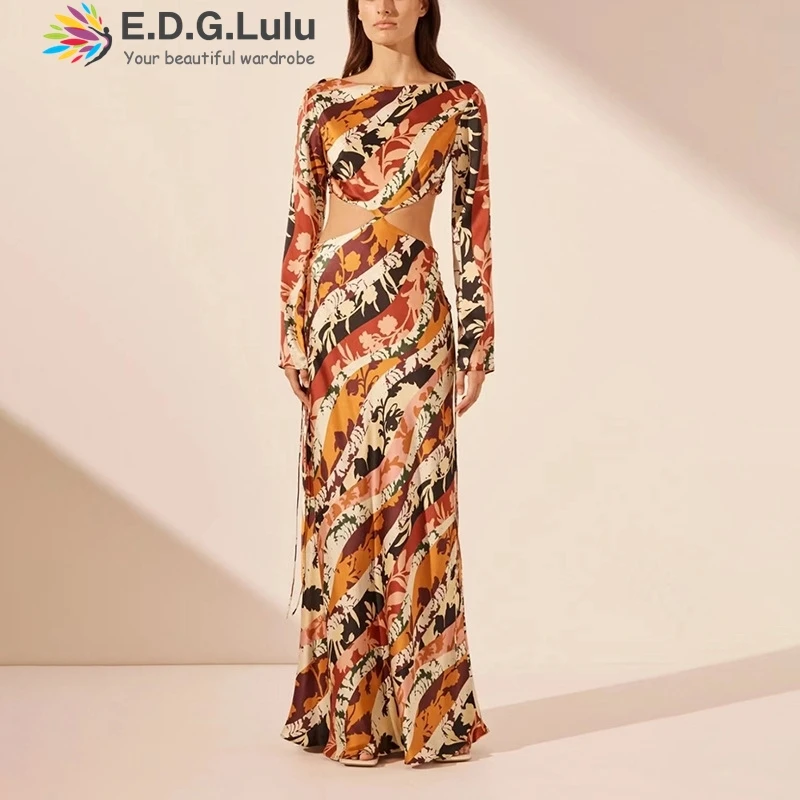 

EDGLuLu O Necked Long Sleeved Retro Flowers Dresses for Women 2024 Leisure Beach Sexy High Waist Hollow Out Long Dress 0708