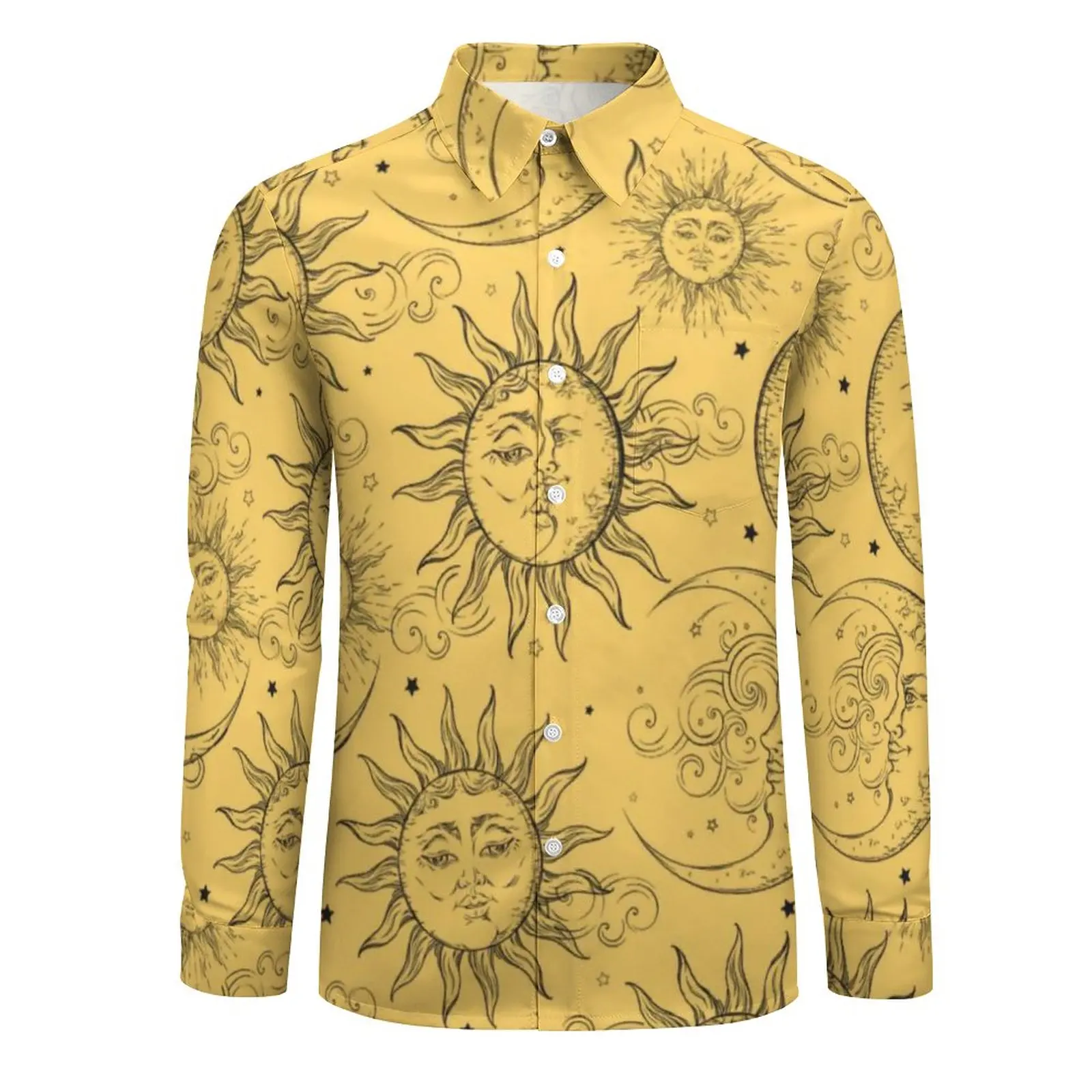 Vintage Celestial Sun Shirt Yellow Magic Moon Stars Casual Shirts Street Custom Blouses Long Sleeve Fashion Oversized Clothes