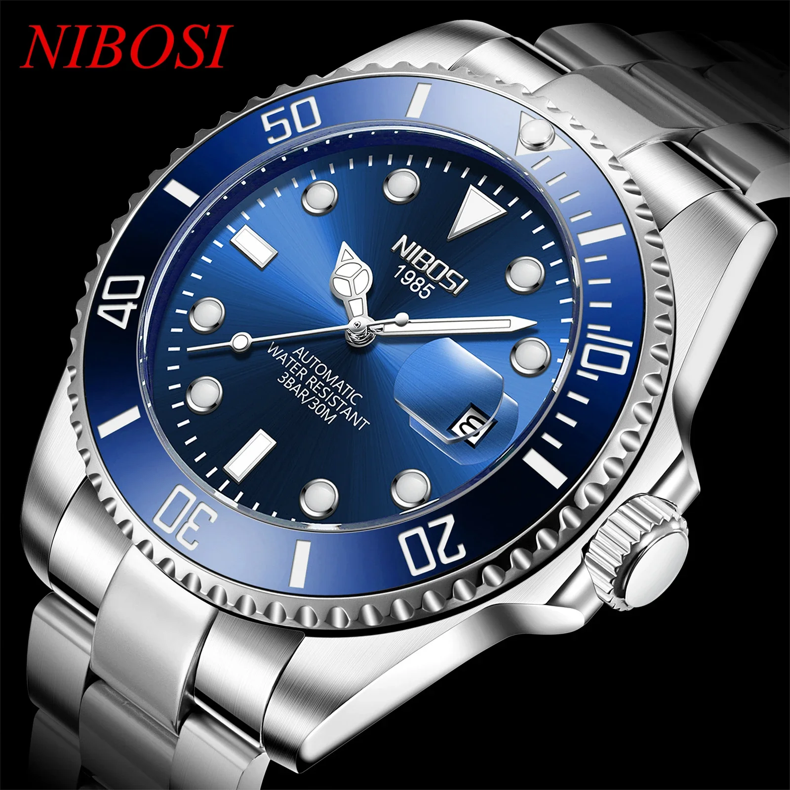 NIBOSI Automatic Men Watches Top Brand Luxury Blue Mechanical Man Wrist Wristwatch Stainless Steel Role Clock Relogio Masculino