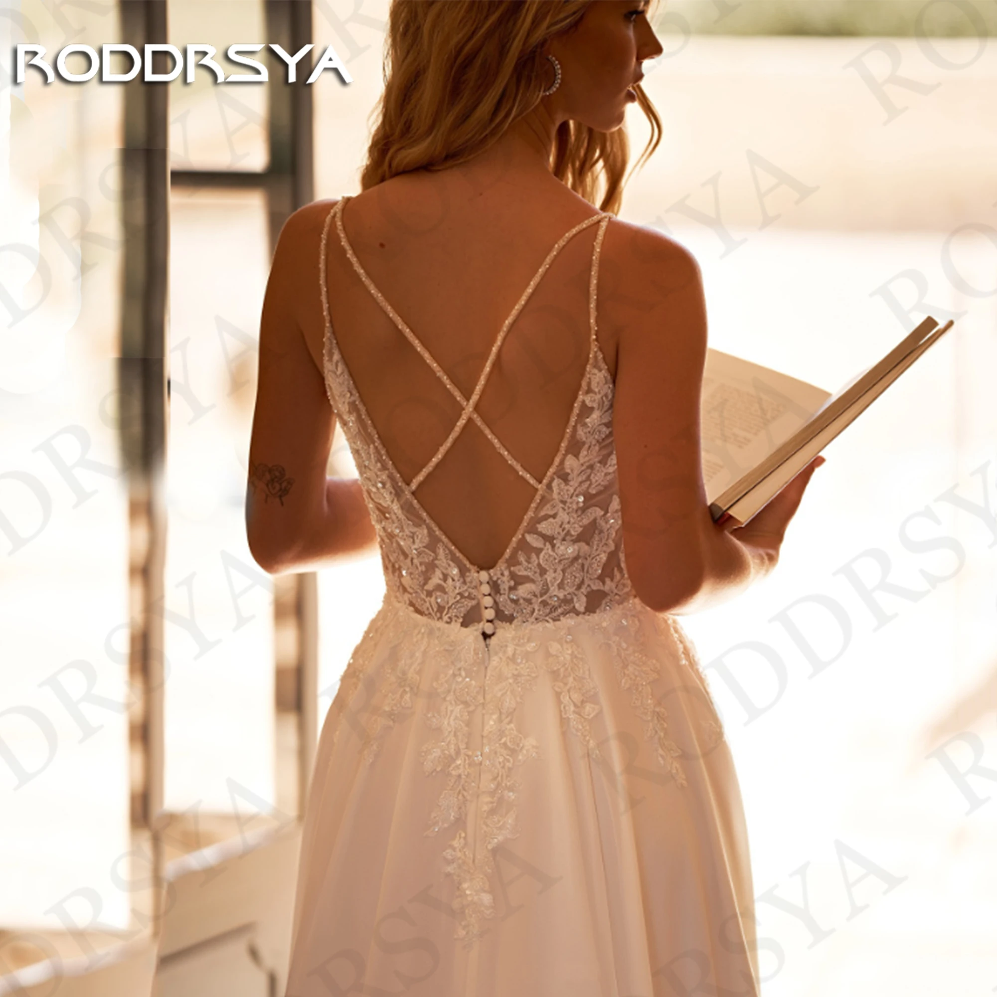 RODDRSYA Charming V Neck Open Back Wedding Dress A Line Spaghetti Strap Split Bridal Gown Lace Appliques vestido de bodas novia