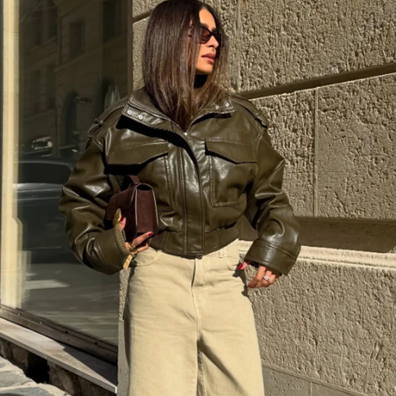 HXAO Woman Faux Leather Jacket Demi-Season Cropped Bomber Jackets Street Wear Long Sleeve Motorcycle Jacket Zip Up Womens Coat